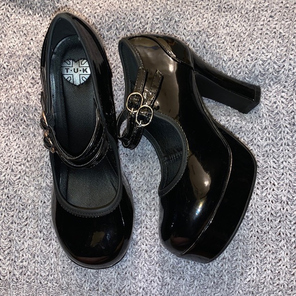 T.U.K Shoes - T.U.K. Black patent Mary Jane platform heels